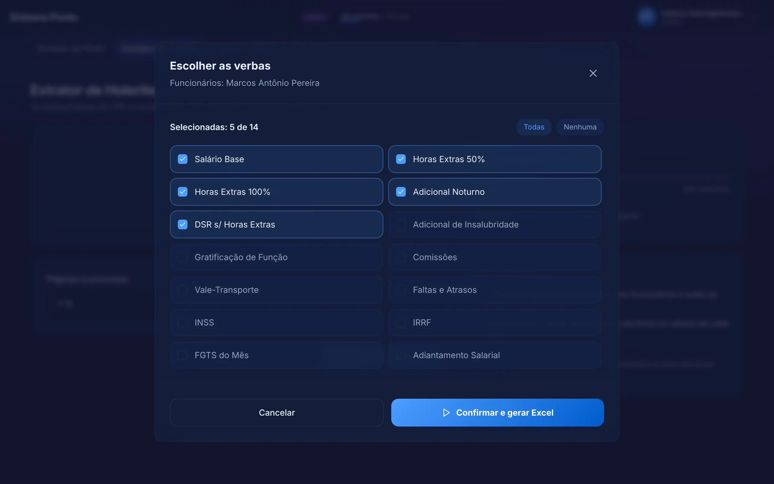 Tela do extrator de holerite: as verbas encontradas nos contracheques, para escolher quais extrair