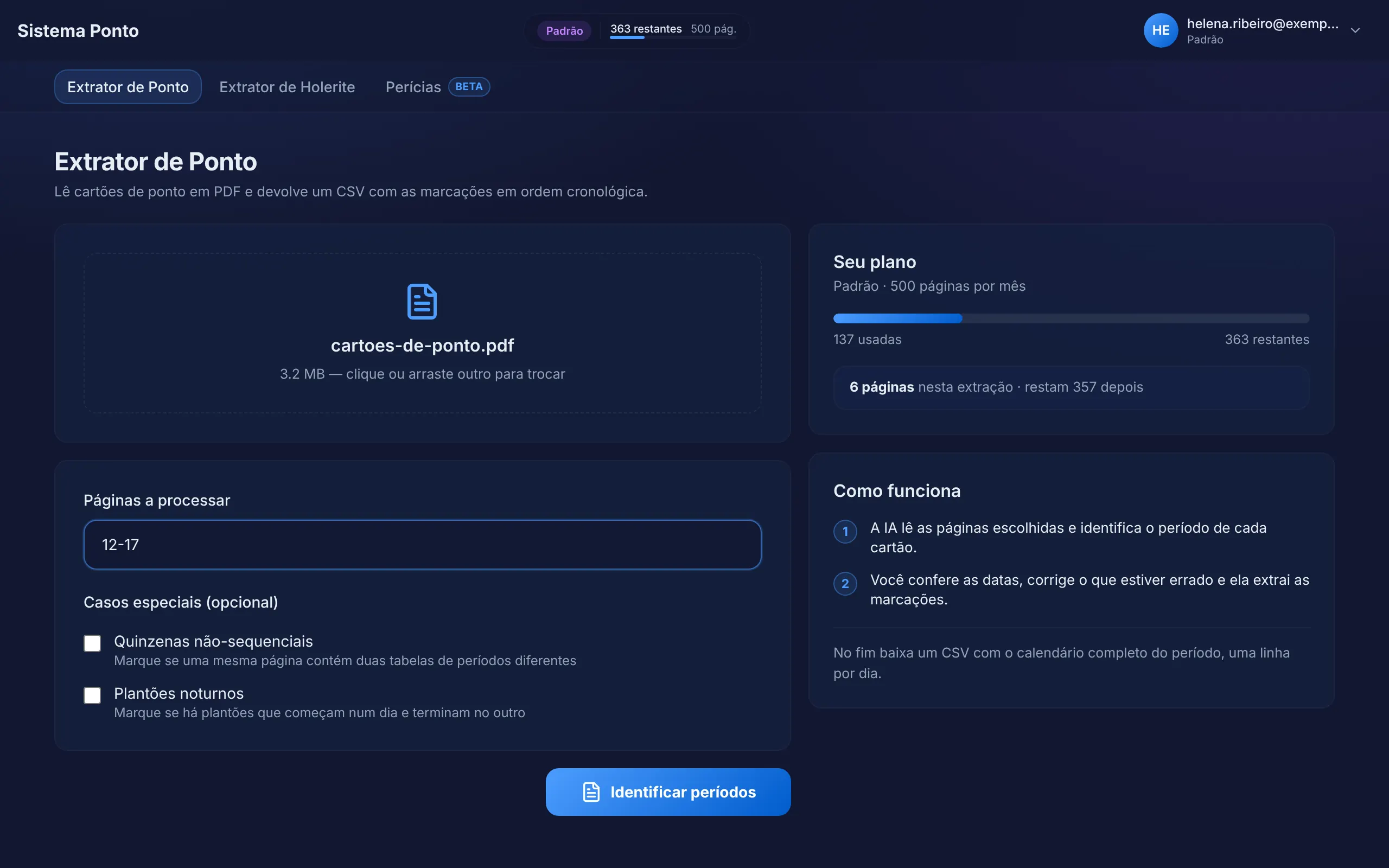 Tela do extrator de cartão de ponto: o PDF enviado, as páginas a processar, o saldo do plano e como funciona